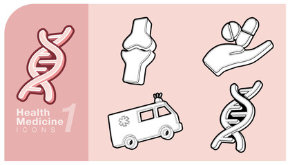 Collection of health and medicine icons including DNA strands, knee joints, a hand holding pills and an ambulance. Perfect for medical, wellness and healthcare related designs. Vector illustration.