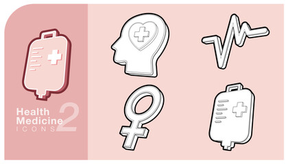 Set of health and medicine icons featuring a blood bag, a head with heart, heartbeat line and the female gender symbol. Ideal for healthcare, wellness and medical themed designs. Vector illustration.