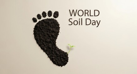 Footprint made of soil with a small plant and world soil day text on light background