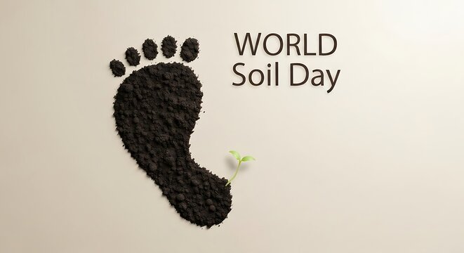 Footprint made of soil with a small plant and world soil day text on light background