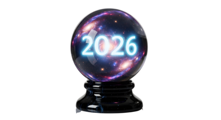 Future vision 2026 in a cosmic crystal ball predicting upcoming trends