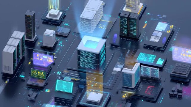 Exploring big data technology through isometric vector illustrations showcasing a modern digital infrastructure