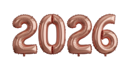 Rose gold foil balloons forming the number 2026, representing the new year
