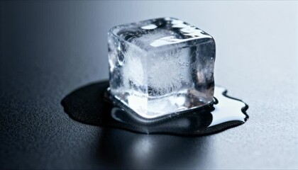 clear ice cube melting slowly on dark surface, macro timelapse, clean textures - Powered by Adobe