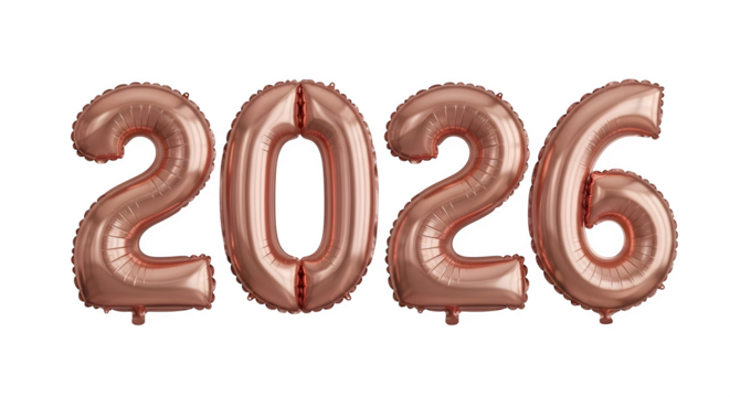 Rose gold foil balloons forming the number 2026, representing the new year - Powered by Adobe