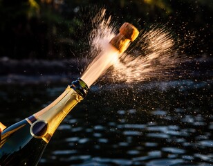 Satisfying Champagne Bottle Being Uncorked with Sparkling Spray