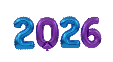 Vibrant blue and purple foil balloons spelling out the year 2026 isolated