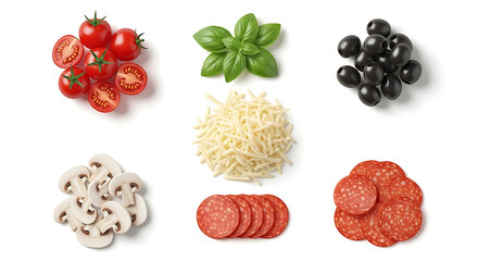 Pizza ingredients assortment arranged on transparent background for culinary use