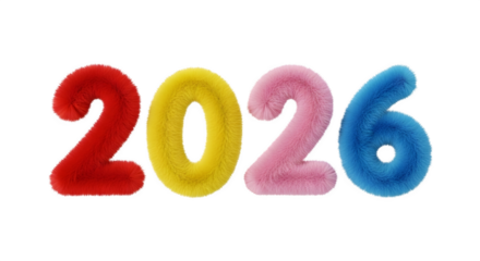 Vibrant fluffy 2026 numbers in red yellow pink blue for new year design