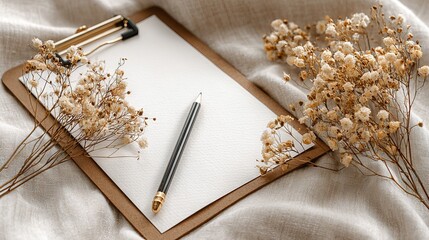 Blank paper on clipboard with pencil and dried flowers flat lay minimal stationery mockup for writing list planning wedding invitation or branding background