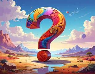 Large, colorful question mark against a scenic desert landscape and a vibrant, cloudy sky