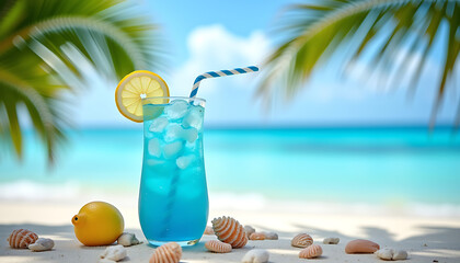 Blue Tropical Cocktail with Lemon and Ice on Seashell Beach