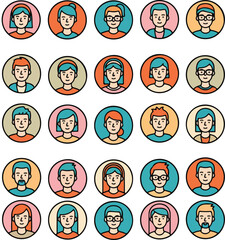Fototapeta premium Modern People Avatar Icons Set: A Collection of Diverse Vector Illustration Characters for User Profiles, Social Media Networking, Website Design, and Mobile App Development.