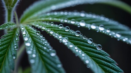 Cannabis leaf close up with water droplets sparkling in natural light
