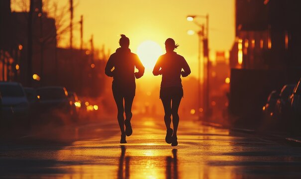 Silhouette of two runners on an urban street in the early morning, emphasizing fitness, exercise, and health. The scene conveys the energy and motivation of physical activity, perfect, Generative AI