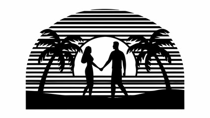 Fototapeta premium Romantic silhouette of couple holding hands on beach at sunset with palm trees and retro stripe design