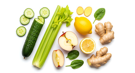 Fresh fruits and vegetables overhead view against transparent background