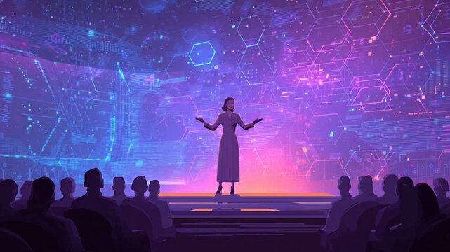 Woman giving a presentation on stage in front of an audience.