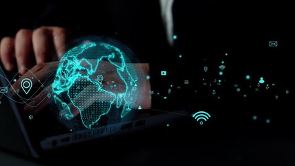 A captivating visual representation of a digital network showcasing global connectivity, data flow, and technology interaction via a tablet. Ideal for tech and business themes. Xenic - Powered by Adobe