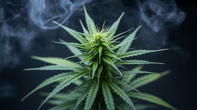 Green cannabis plant with smoke on a dark background closeup shot