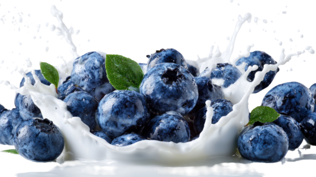Fresh ripe blueberries in a bowl, glass, and scattered on a white background, highlighting healthy fruit and berry sweetness