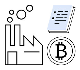 Factory emitting bubbles, document with text elements, and Bitcoin coin symbolizing industry, innovation, blockchain, cryptocurrency, finance, technology, and modern economy simple flat metaphor