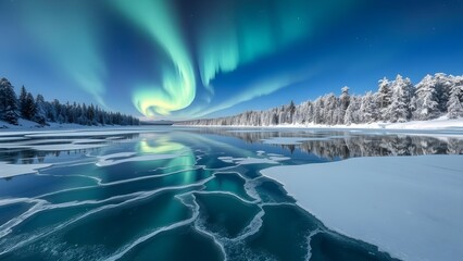 frozen lake reflecting the northern lights overhead, winter landscape with snow and trees