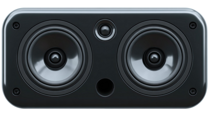 Black audio speakers for music and loud sound, isolated on a white background as stereo equipment or technology object