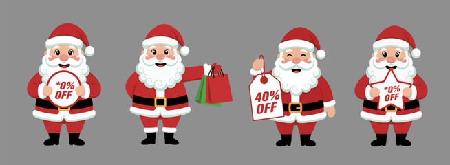 Christmas Santa Character Vector Set &ndash; Editable Discount Signs & Shopping Bag Illustration Pack
