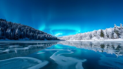 A crystal clear frozen lake with northern lights overhead, surrounded by snow covered forests