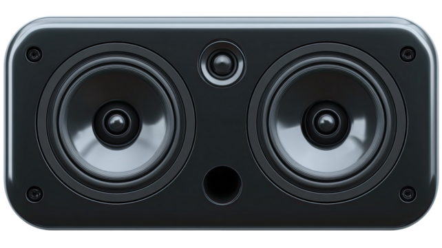 Black audio speakers for music and loud sound, isolated on a white background as stereo equipment or technology object