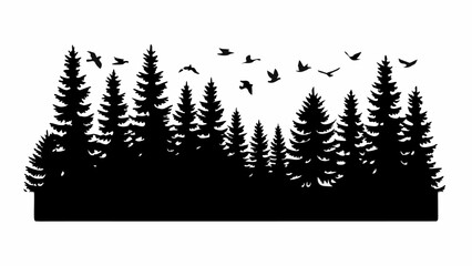 Fototapeta premium Ethereal silhouette of pine forest with birds flying over the trees, nature background for graphic design