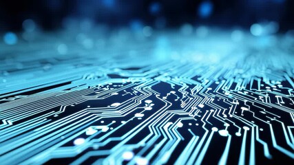 Intricate electronic circuit board design with glowing blue lines showcasing advanced technology and connectivity in a modern setting