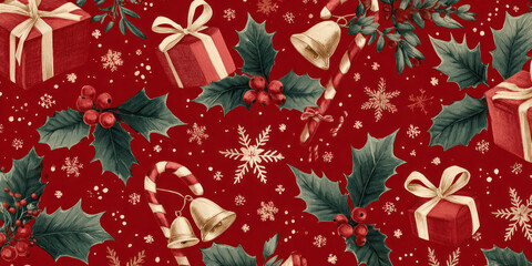 Festive Vintage Christmas Holly, Gifts, and Candy Cane Seamless Pattern