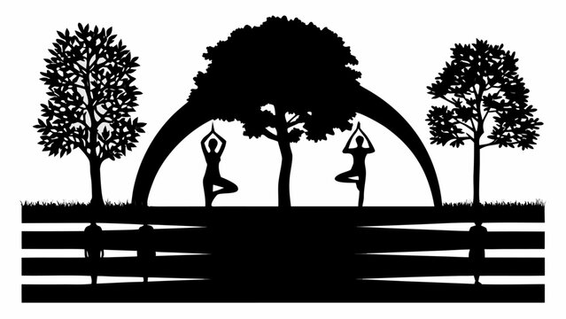 Serene yoga silhouettes practicing tree pose in nature, promoting wellness and mindfulness meditation retreat