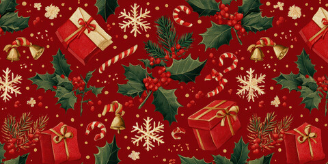 Festive Vintage Christmas Holly, Gifts, and Candy Cane Seamless Pattern