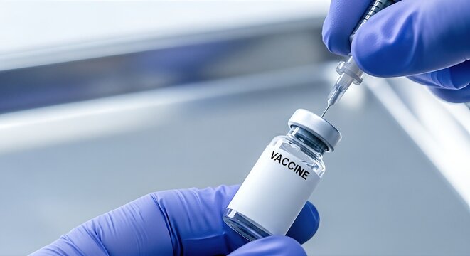 Close-up of gloved hand holding a vaccine vial with a syringe poised to draw liquid, symbolizing health, wellness, and the importance of vaccination in disease prevention