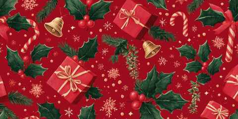 Festive Vintage Christmas Holly, Gifts, and Candy Cane Seamless Pattern