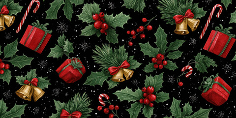 Festive Vintage Christmas Holly, Gifts, and Candy Cane Seamless Pattern