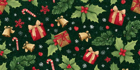 Festive Vintage Christmas Holly, Gifts, and Candy Cane Seamless Pattern