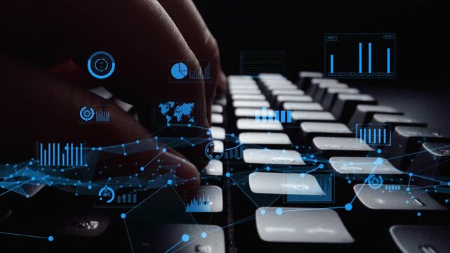 A close-up of a keyboard entangled with digital graphs and data points, symbolizing data analysis and technology role in modern business environments. Xenic