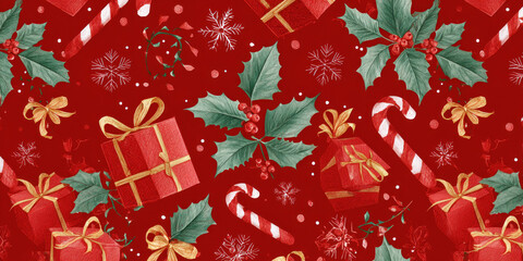 Festive Vintage Christmas Holly, Gifts, and Candy Cane Seamless Pattern