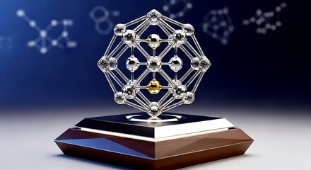 A complex molecular structure with silver and gold spheres on a geometric base against blue background