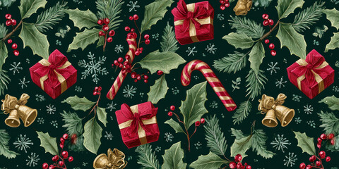Festive Vintage Christmas Holly, Gifts, and Candy Cane Seamless Pattern