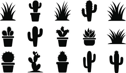 Cactus and desert plant silhouettes, spiky round branching succulents, potted cactus icons, botanical vector illustration, nature foliage decorative graphic art