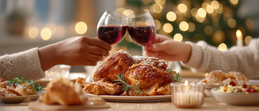 Joyful thanksgiving dinner brings family together as they toast with glasses of red wine, celebrating warmth of season and delicious feast before them