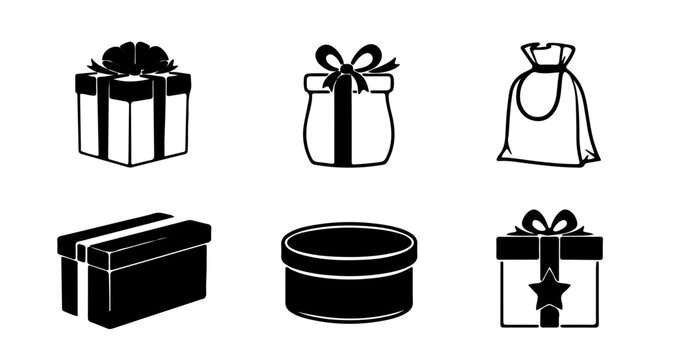Elegant black and white vector gift icons collection. Features various boxes and bags, perfect for celebrations, holidays, birthdays, and special occasions design