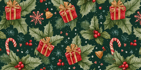 Festive Vintage Christmas Holly, Gifts, and Candy Cane Seamless Pattern