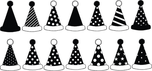 Black and White Party Hat Silhouette Vector Set, Birthday Celebration Cap Graphic Elements, New Year's Eve Festive Headwear Icons, Winter Holiday Accessory Collection Design