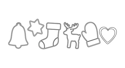 Collection of festive christmas cookie cutters in various shapes including bell star stocking reindeer mitten and heart